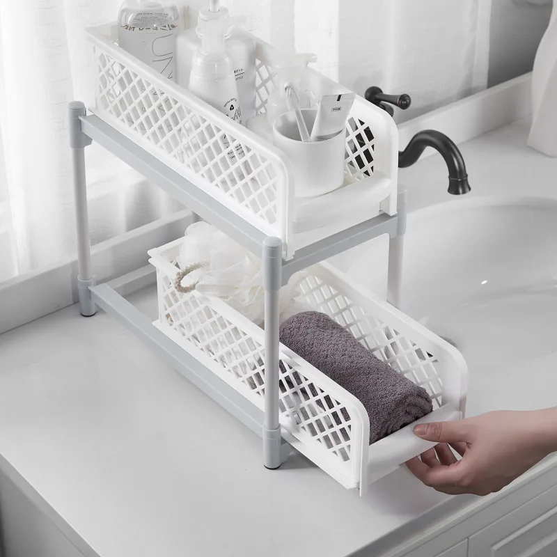 

2 Tier Sliding Cabinet Basket Organizer Drawer Mesh Storage Organizer with Pull Out Drawers for Kitchen Countertop Accessories