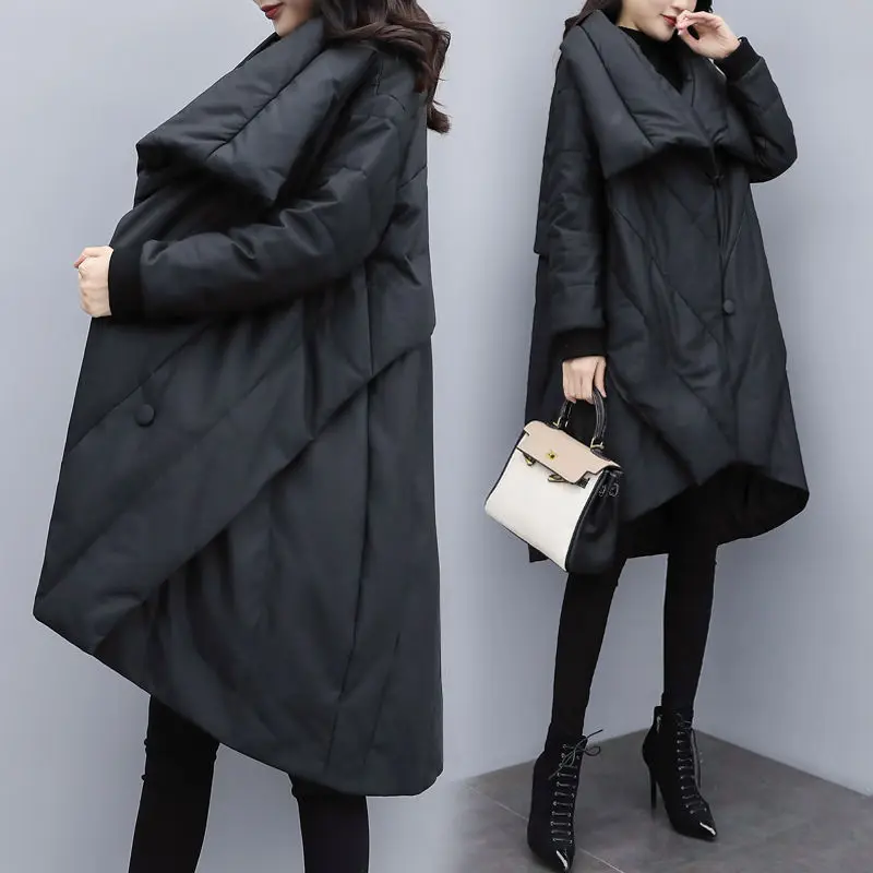 2024 Winter New Women Loose Fashion Mid-length Down Padded Cotton Jacket Female Black Slimming Cloak Jacket Buttons Thickeing