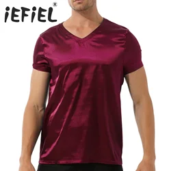 Men's Satin Sleepwear Crop Tops T Shirt Nightgown Solid Color Sleep Shirt Nightdress Sleepwear Male Pajamas Loungewear Tops