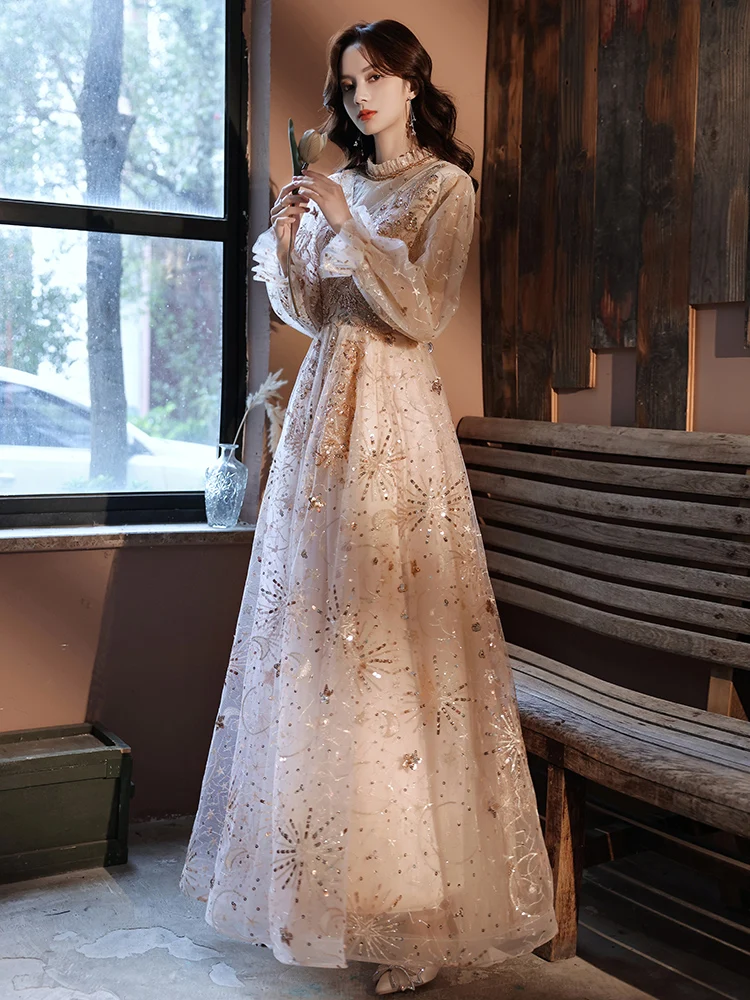 Gorgeous Champagne Evening Dress Stand Collar Full Sleeve Sequined Wedding Party Gown Women A-Line Slim Long Dress 2023