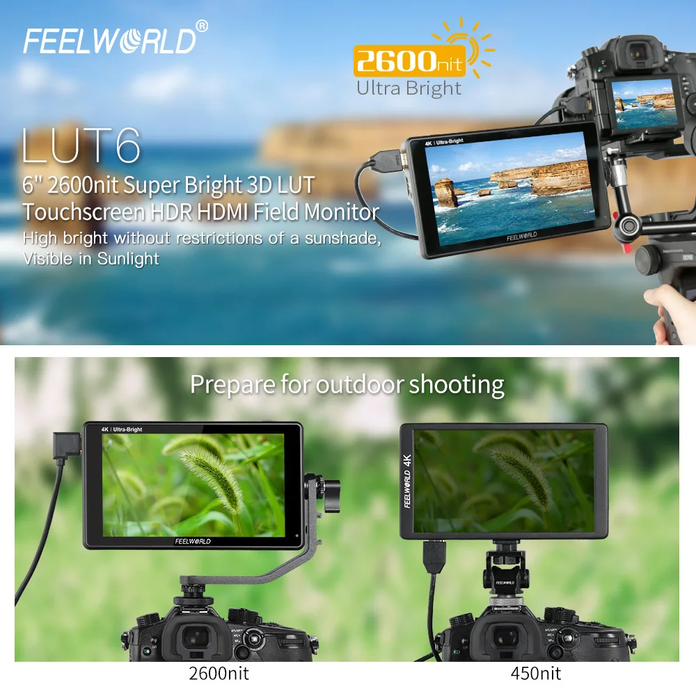 FEELWORLD LUT6 6 Inch Ultra Bright 2600nits HDR 3D LUT Touch Screen Field DSLR Monitor 4K HDMI Full HD 1920x1080 IPS for Camera