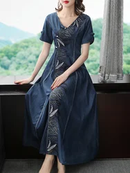 TIYIHAILEY-Women's Vintage Long Maxi Dresses, Embroidery, half Sleeve, Denim, V-neck, Beading, Chinese Style, S-4XL, 2026