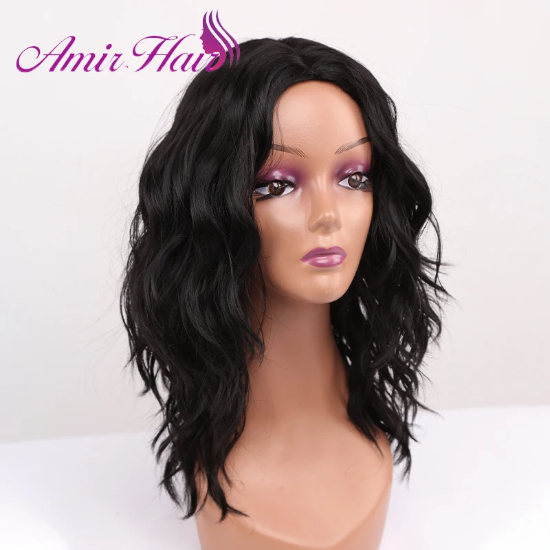 

Amir Short Black Curly Wigs for Women Synthetic Water Wave Hair Wig Shoulder Length Cosplay Wig With Middle Part Hairline Party