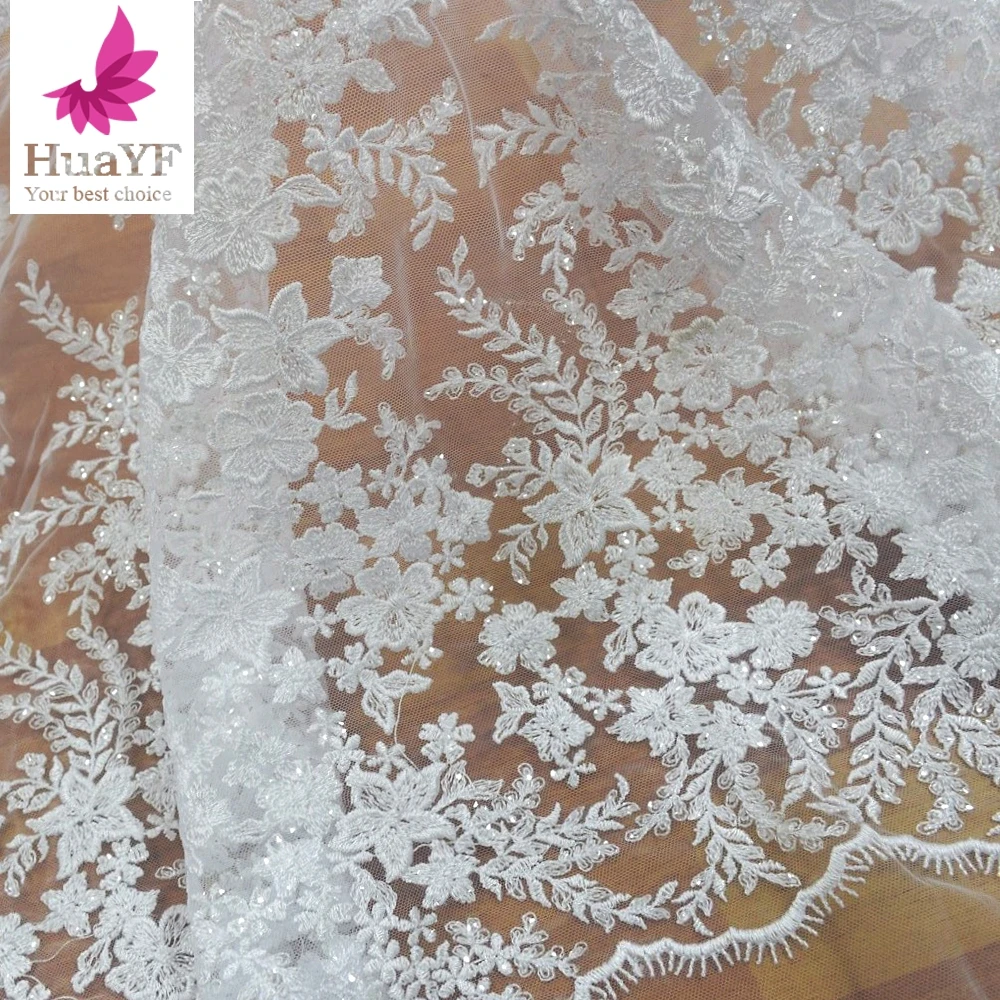 1 Yard Snow White New French Bridal Mesh Embroidery Lace Sequence Fabrics HY1315