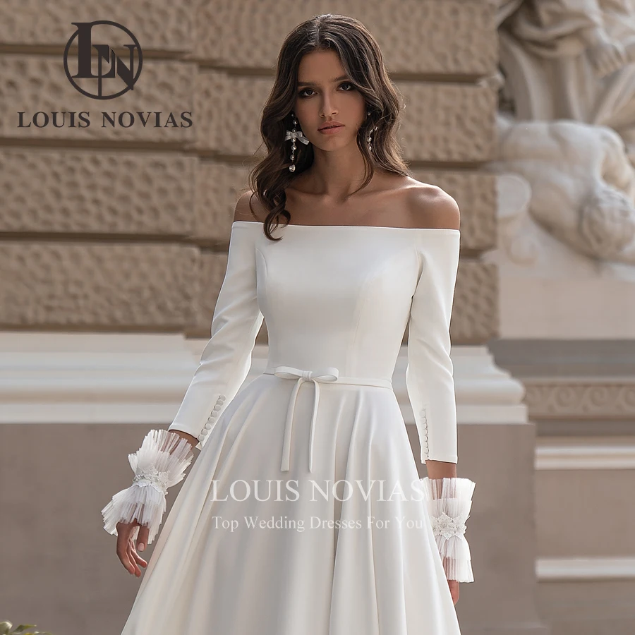 LOUIS NOVIAS abiti da sposa in raso per le donne 2024 telai a maniche lunghe bottoni con fiocco a-line abito da sposa scollo a barca Vestidos De Novia