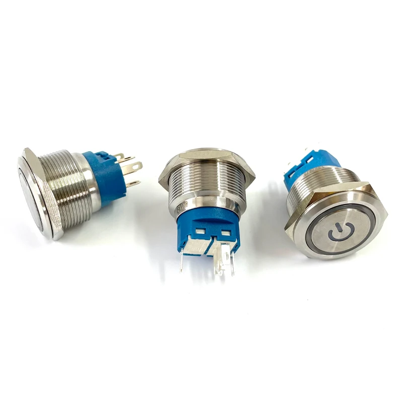 25mm/30mm/40mm stainless steel metal button switch round flat led ring instantaneous power mark car switch 12V 24V yellow blue