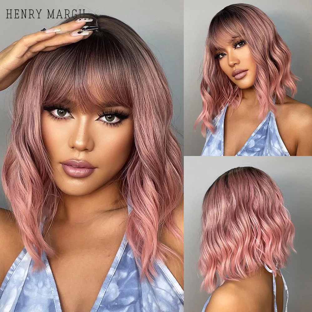 HENRY MARGU Medium Water Wave Synthetic Wigs with Bangs Pink Black Ombre Bob Curly Hair Wigs for Women Heat Resistant Cosplay