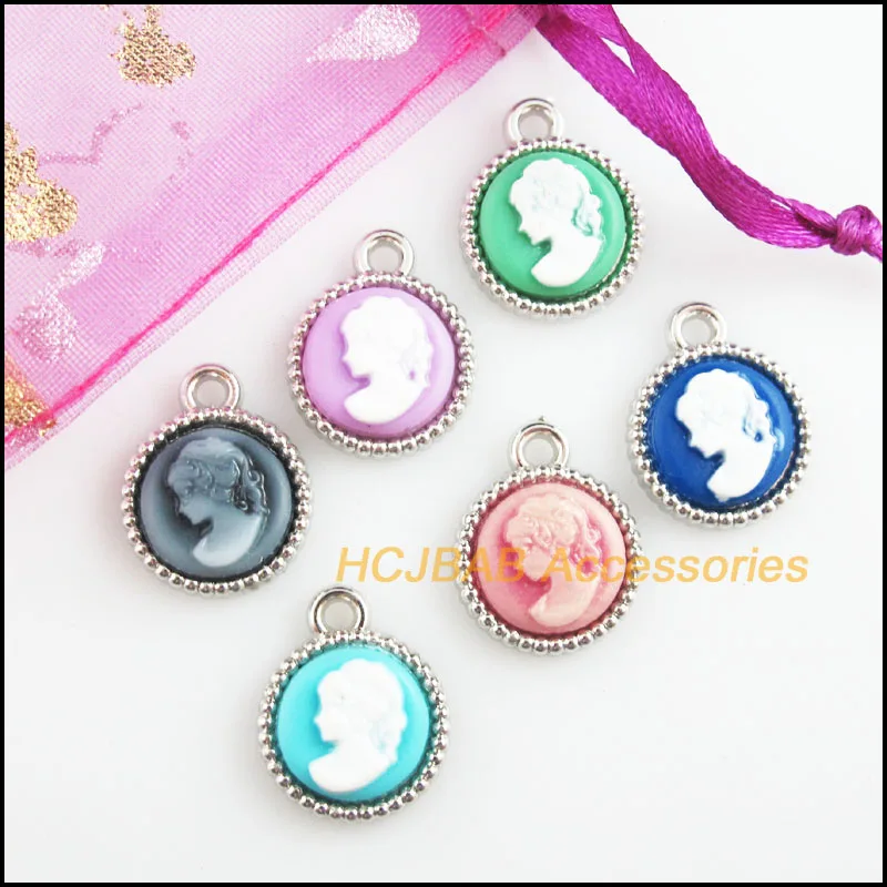 18Pcs Tibetan Silver Tone Retro Round Beauty Mixed Resin Charms Pendants 15.5x19mm