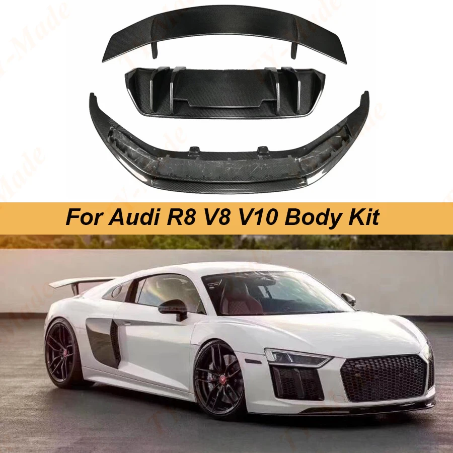 

High Quality Carbon Fiber Spoiler+ Front Lip + Rear Diffuser Bumper Lip Protector For Audi R8 V8 V10 Coupe 2017 2018 2019 2020