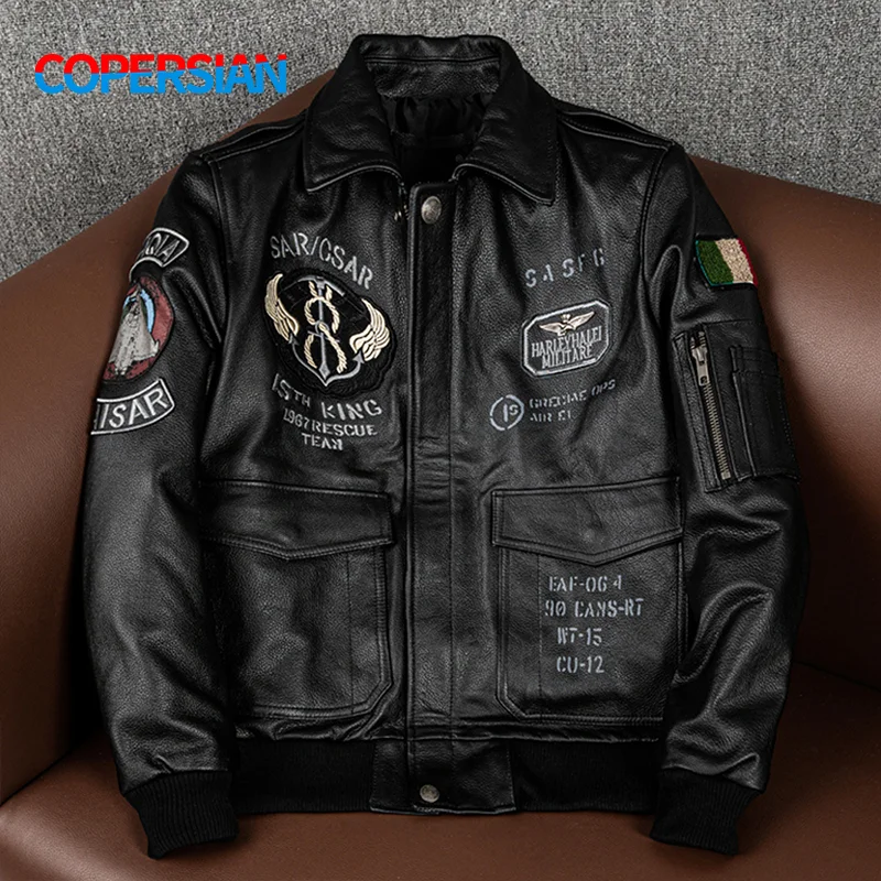 

2023New Men’s Flying Suit Genuine Leather Coat Cowhide Leather Indian Embroidery Motorcycle Jackets