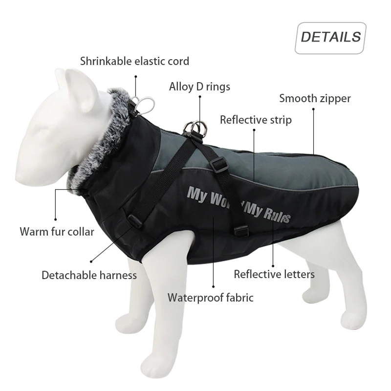 Winter wasserdichter Hundemantel, warme Haustier-Pelzkragenjacke mit abnehmbarem Geschirr, große Hundekleidung, Bulldoggen-Outfit, Labrador-Kostüme – Detail 4