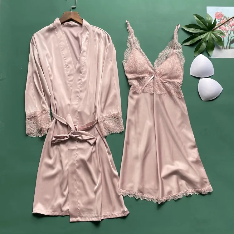 

Sexy Robe Set Pink Women Nightwear Bathrobe Gown Satin Casual Homewear Intimate Lingerie Summer New Sleepwear Nightgown