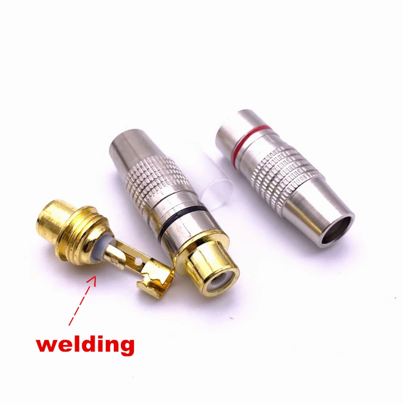 20 pçs/lote atacado boa qualidade de solda banhado a ouro rca conector rca fêmea plug adaptador para áudio vidiod fio conector plug