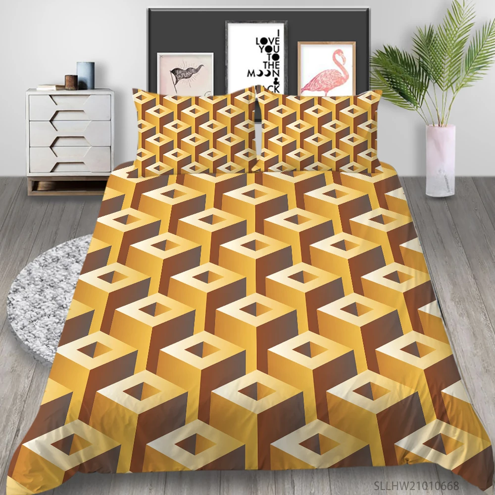 Home Textiles 3D Triangle Printing Bed Set Cover Queen King Single Size Bedding Set Cute White Quilt Cover Set