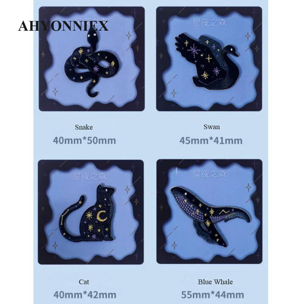 AHYONNIEX adesivo da ricamo in oro nero Cat Snake Whale Swan Patch per abbigliamento fai da te Stick On Patch colla sul retro