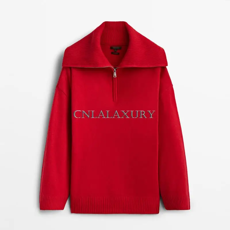 CNlalaxury 2022 Women Sweater Zipper Knitted Pullover Long Sleeve Red Color Loose Ladies Jumper Autumn Winter Female Turtleneck