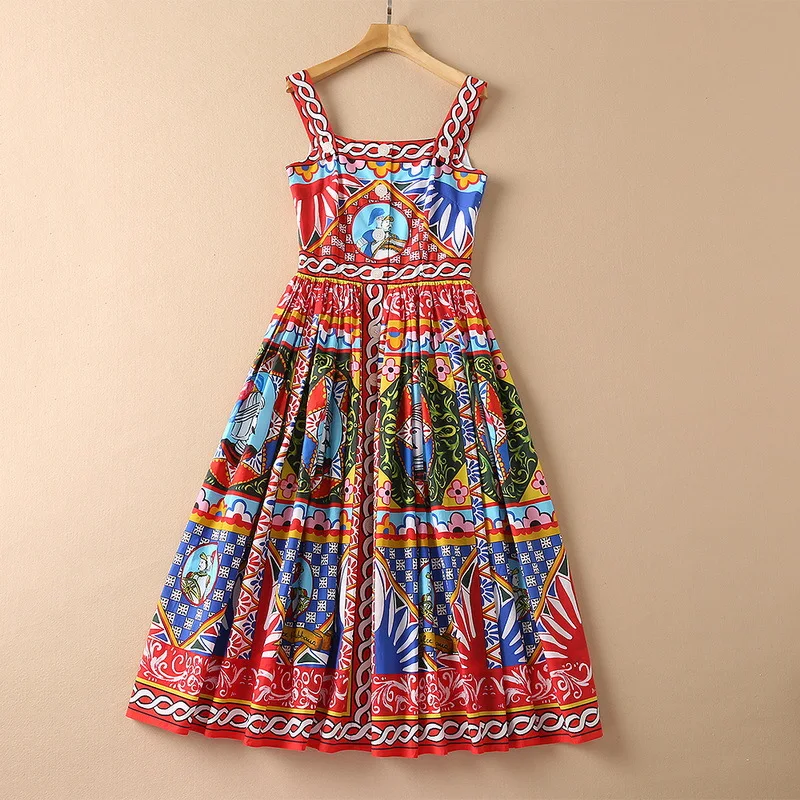 

European and American women's wear new autumn 2022 Condole belt Fashion palace retro printed cotton pleated dress