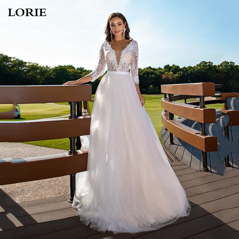 

LORIE Boho Wedding Dresses V Neck Lace Bride Dress 3/4 Long Sleeve Open Back Wedding Gown 2022