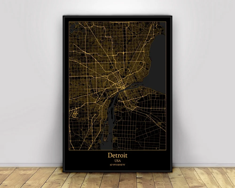 Detroit USA Black&Gold City Light Maps Custom World City Map Posters Canvas Prints Nordic Style Wall Art Home Decor