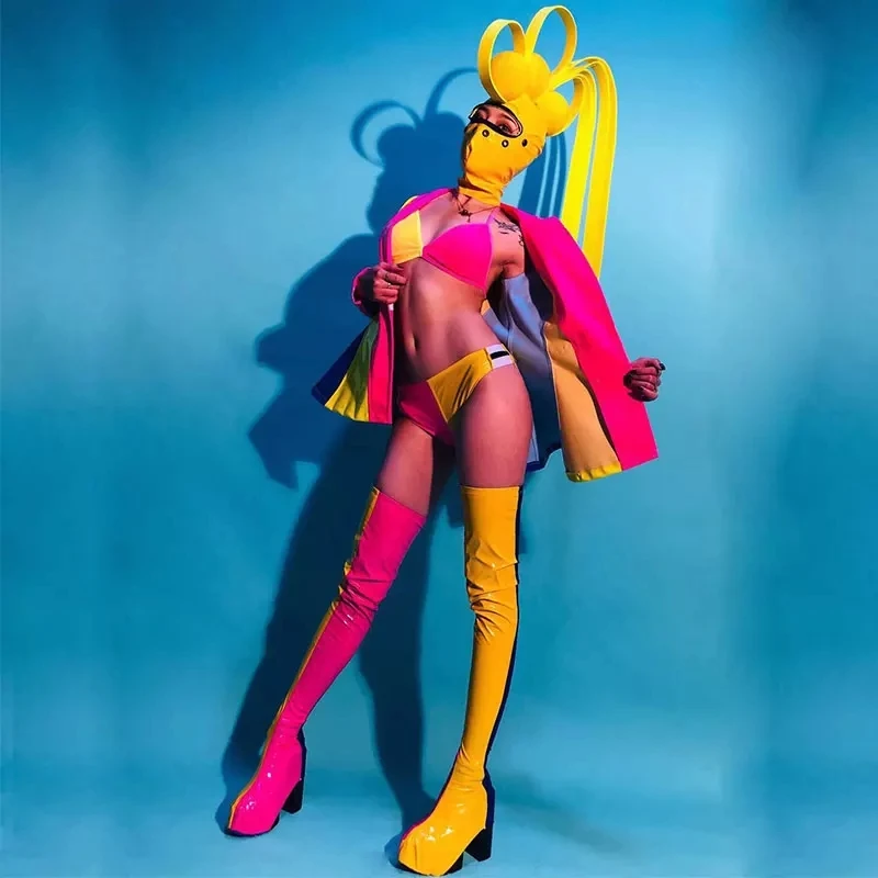 Women Masked Singer Stage Costume Colorful Striped PU Leather Bikini Jacket Leggings Mask Headgear Set Nightclub Dancer Clothes