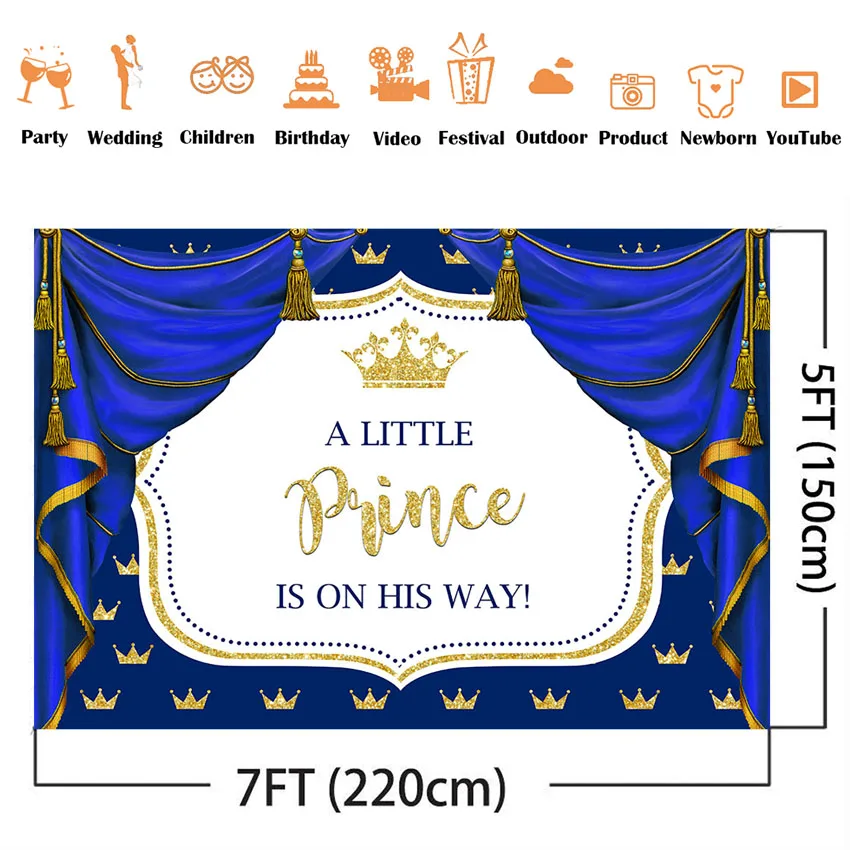 Blue Curtrain Baby Shower Party Decoration Gold glitter crown background little prince baby shower backdrops custom