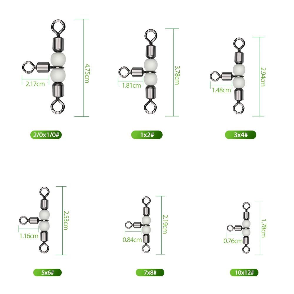 DNDYUJU 20pcs T-Shape 3 Way Rolling Swivel Cross-Line Barrel Swivel With Beads Luminous Fishing Swivels Carp Fishing Accessories