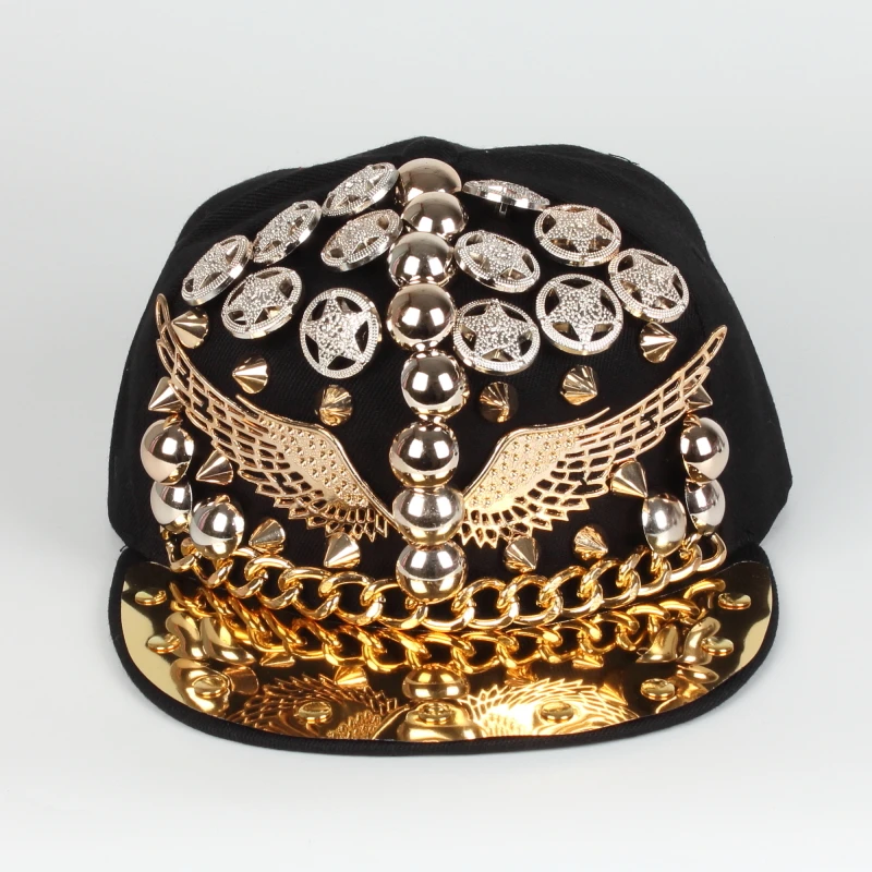 Wholesale European and American Punk Style Rivets Flat Eaves metal brim rebound Hip-Hop Snapback Cap Sports Hats