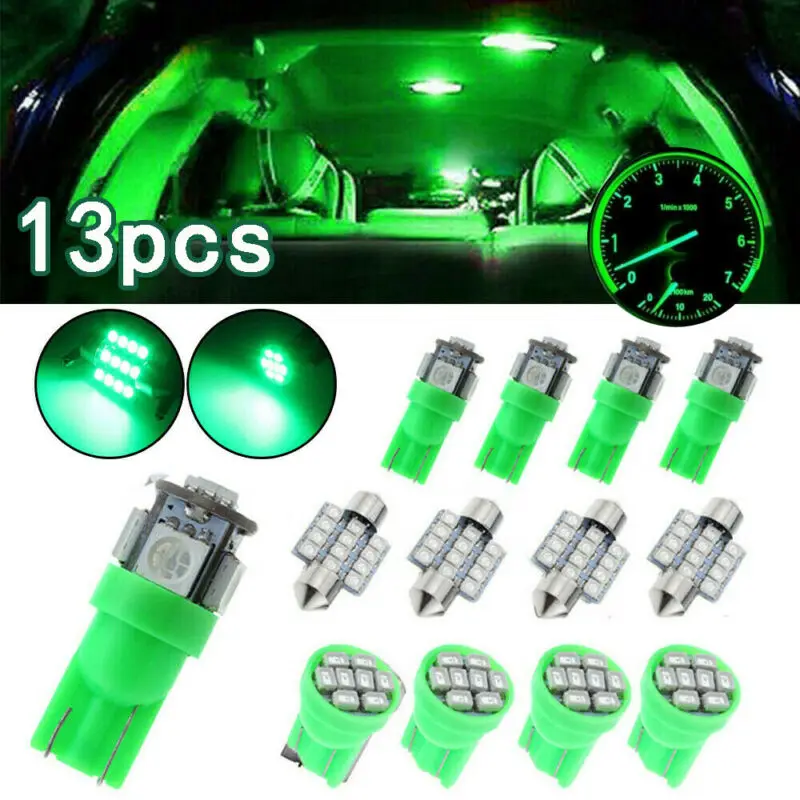 

13pcs Green Car Interior LED 12V Bulb Light Lights Parking Backup T10 & 31mm Dome License Plate Lamp Kit Accessories Universal