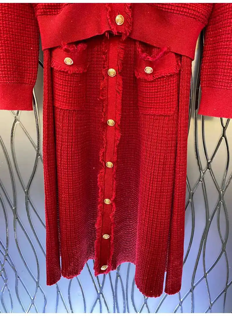 100%Wool Sweater Sets 2021 Winter 2 Piece Knitted Set Women V-Neck Golden Button Pocket Deco Red Cardigan Top+Red Skirt Sets