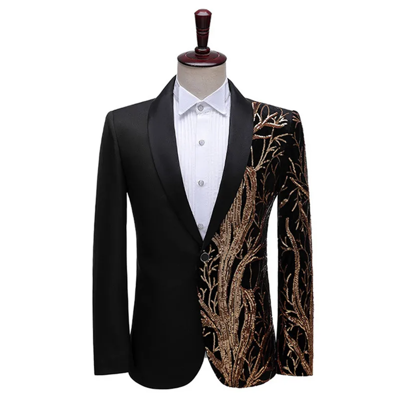 

Tide Men Gold Sequins Slim Fit Red Black Blazer One Button Shawl Lapel Evening Party Bar Nightclub Show Singer Host Suit Jacket