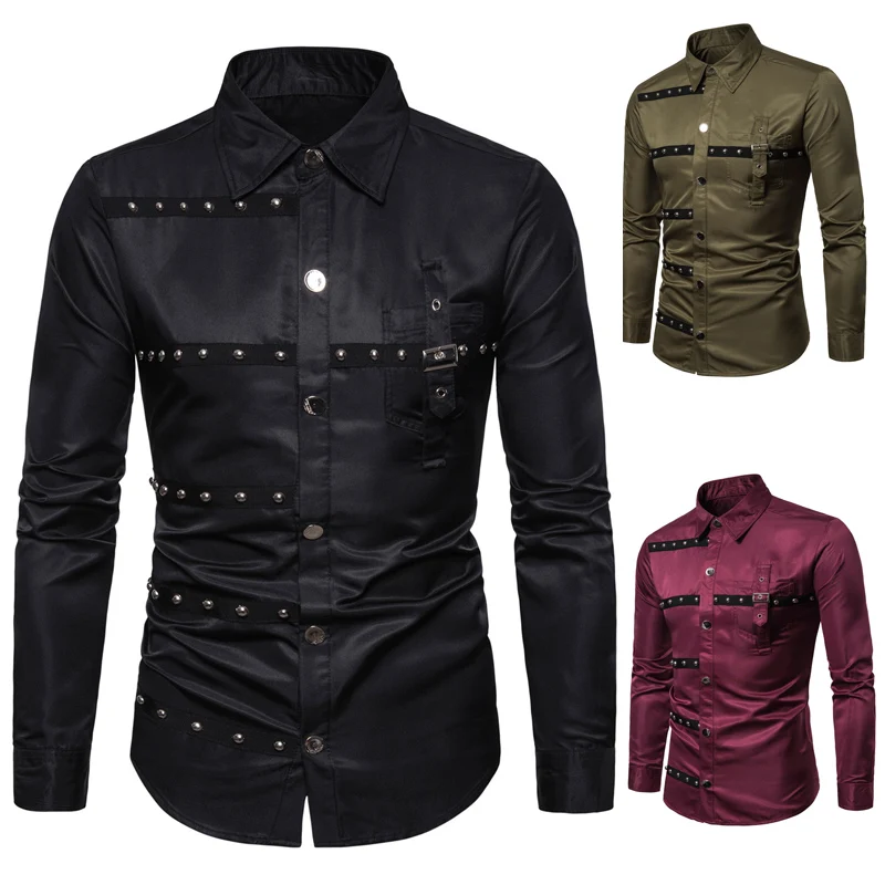 European Version New Mens Gothic Style Rivet Long Sleeve Shirt Dress Casual Hip Hop Male Personality Shirts Fit Slim Clothes