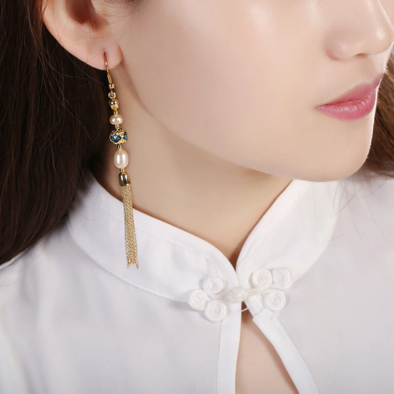 Long Tassel Pearl Drop Earrings Ear Accessories Chinese Cloisonne Enamel Eardrop Women Vintage Ethnic style Ear Clip Dangles