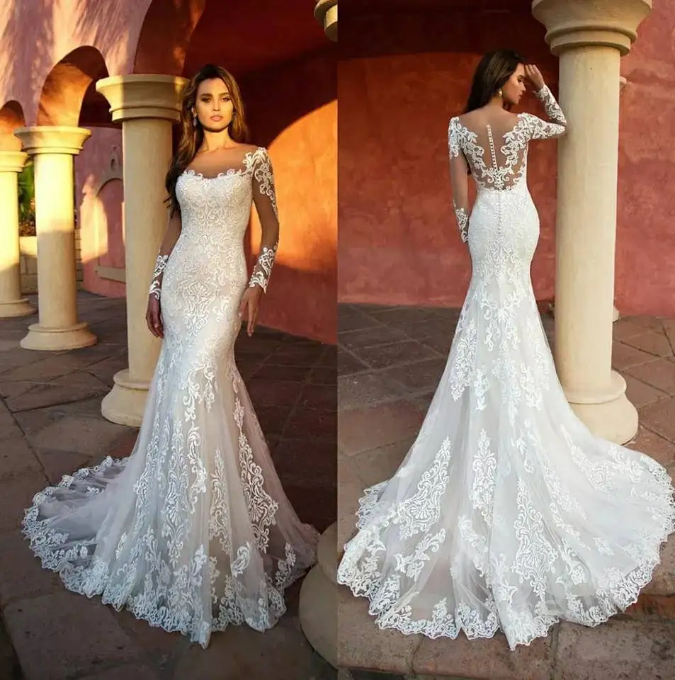 Vestidos de novia de sirena de encaje hechos a medida, manga larga, blanco, Sexy, Vintage, 2022