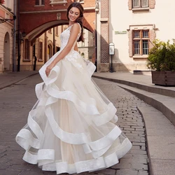 Exquisite Scoop Ruffles Champagne Wedding Dresses Customized Lace Bridal Gown for Women Robe de Mariee Plus Size Bride Dress