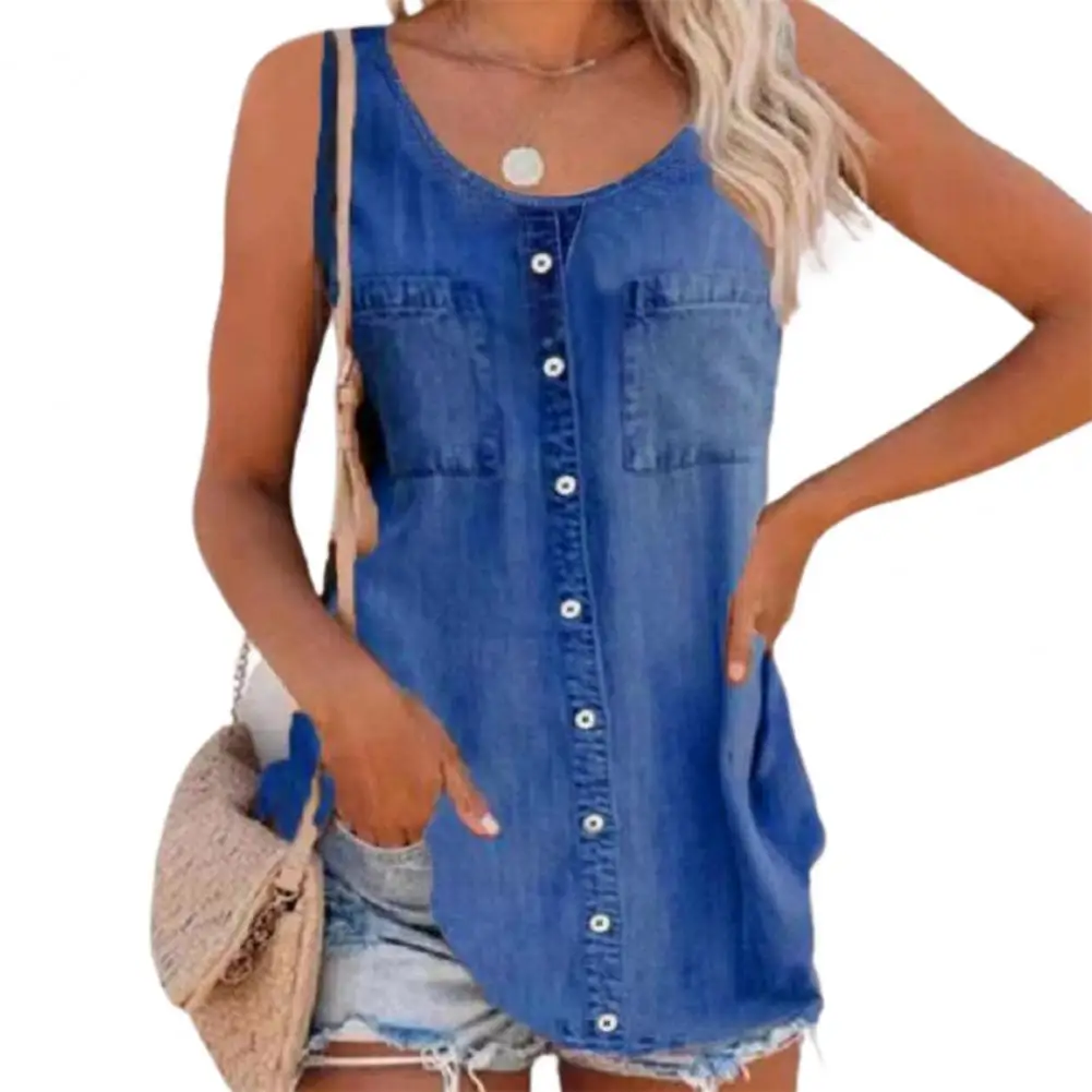 Women Denim Vest  Solid Color O Neck Sleeveless Female Tanks Top Buttons Thin Denim Casual Loose Office Vest Tshirt