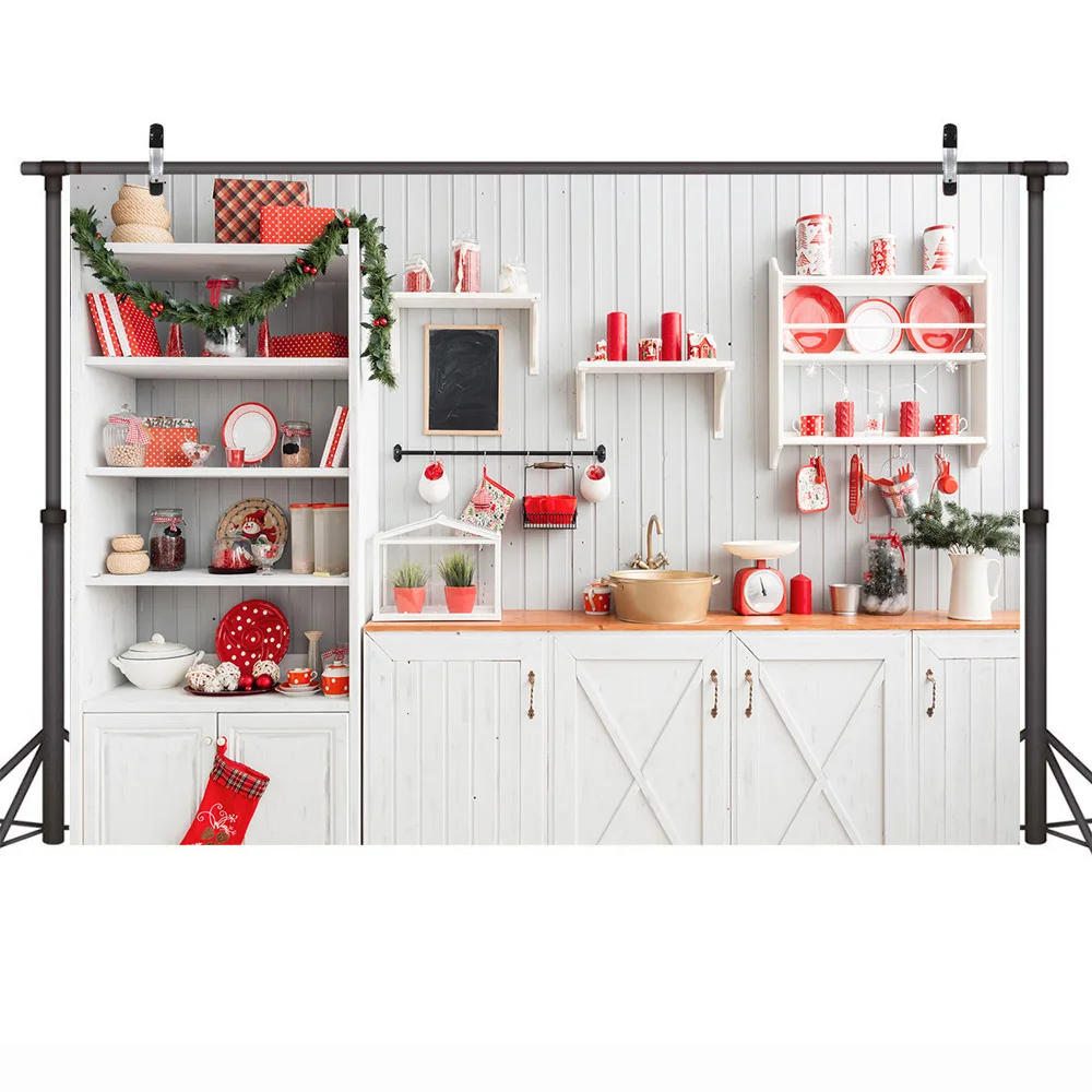 Photography Christmas Kitchen Backdrop Bustic Wood Cupboard Adult Children Winter Portrait Backgrounds Photo Studio Xmas Tree