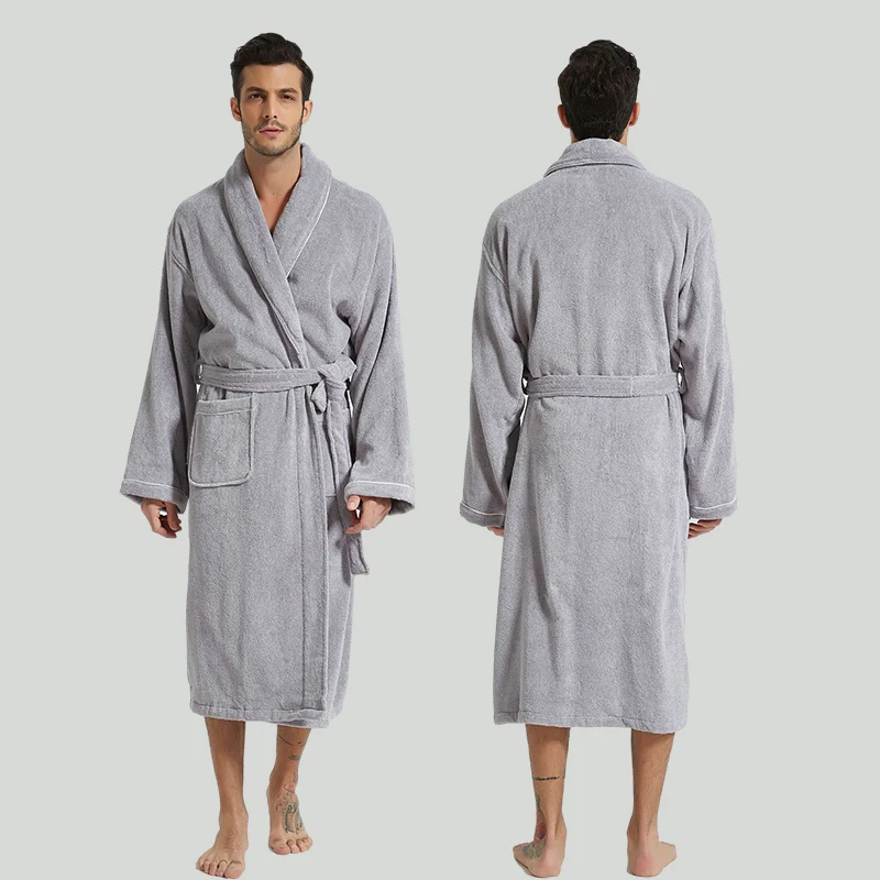 Bathrobe Men Luxury 100% Cotton White Sleepwear Towel Fleece Robes For Male Plaid Robes Long Bath Robe Bride Robe Dressing Gown