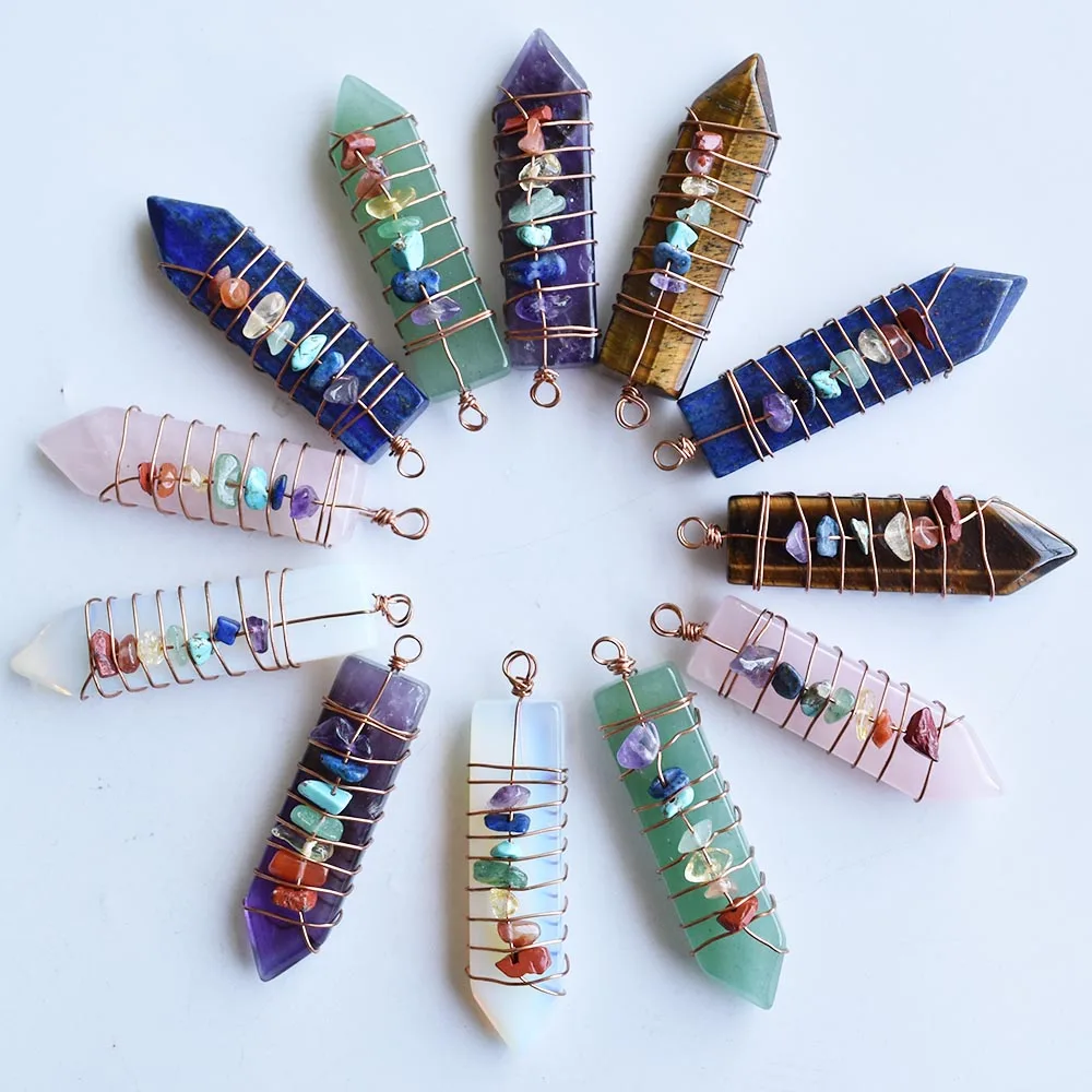 7 Chakra Reiki Handmade Wrap Pendulum Pendants Healing Crystal Natural  Stone Amethysts Lapis Lazuli Point Sword Pendants 6pcs