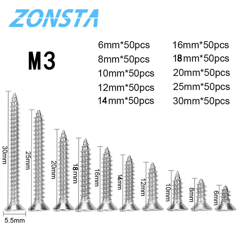 500Pcs M3 Flat Head Self Tapping Screw Set 304 Stainless Steel Cross Phillips Countersunk Head Fiber Drilling Wood Screws Kit