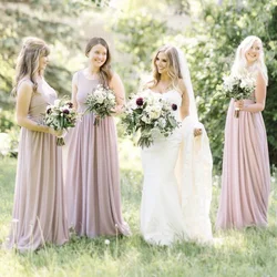 Dusty Pink Bridesmaid Dresses A-Line O-Neck Pleat Tank Floor Length Simple Formal Wedding Party Gowns Custom Made New Arrivals