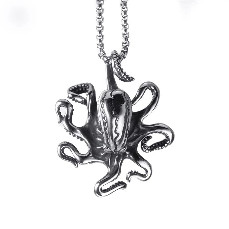 Elfasio Men's Octopus Sea Beast Solid Stainless Steel Pendant Necklace Chain Vintage jewelry