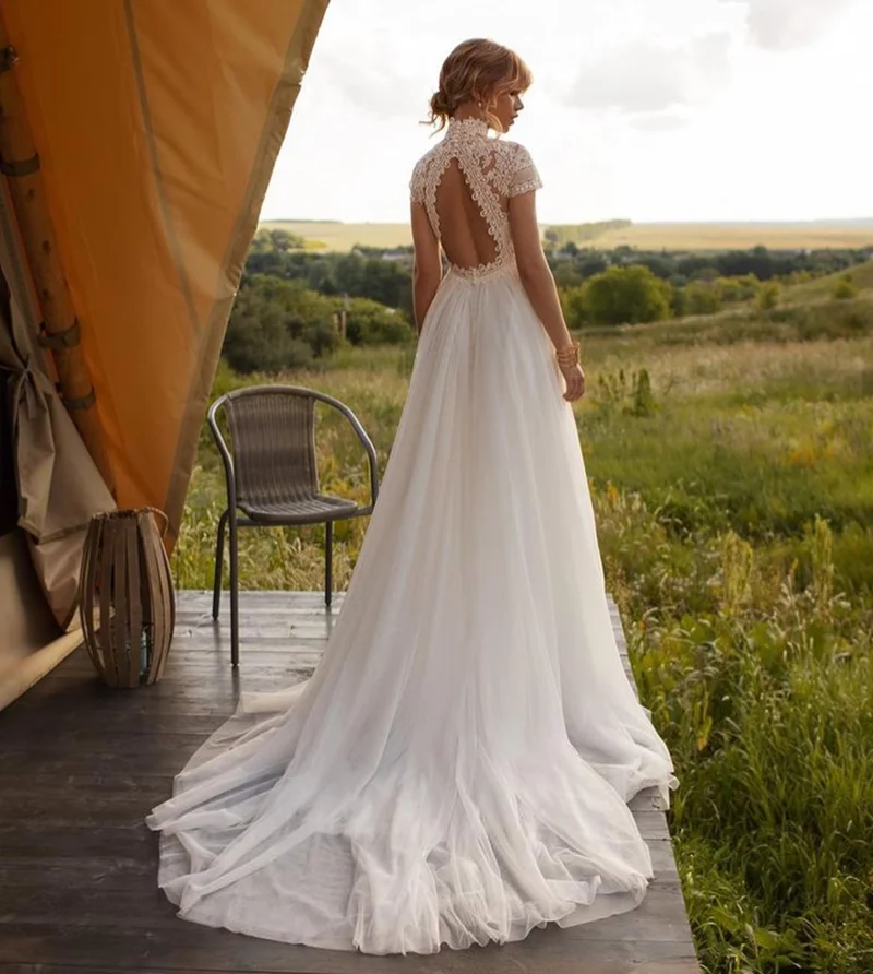 Gaun pengantin leher tinggi, bergaya antik Boho topi pendek lengan terbuka di Pantai Gading gaun pengantin gaya negara Bohemian A-Line