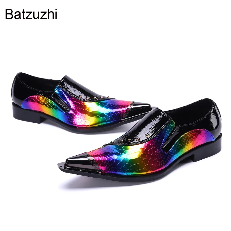 

Batzuzhi Fashion Design Men's Leather Dress Shoes Men Pointed Metal Toe Color Dress Leather Party and Wedding Shoes Men, EU38-46