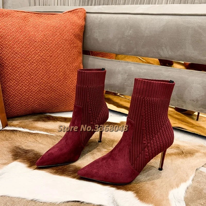 Sock Booties Elastic Fabric Burgundy Slip On Sexy Pointed Toe Women Dress Boots Thin High Heel Ankle Autumn Winter Boots