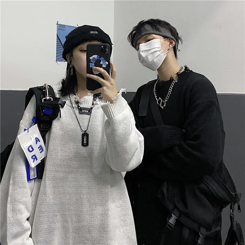 Hip Hop Sweater Couple Fashion Streetwear Vintage Hole Long Sleeve Solid Korean Jumpers Black Casual New Oversized Knit Sweater