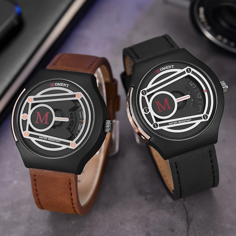 Creative Unique Men Quartz Watch Brown Pointer Rotating Turntable Leather Dial Belt Dull Polish Watch Male Sports Fashion