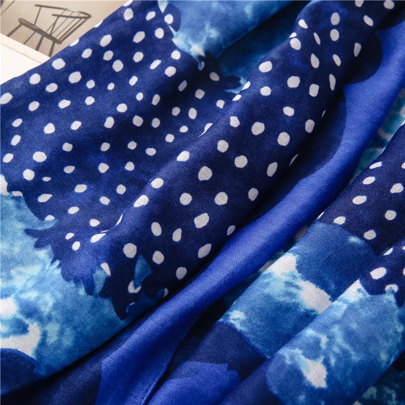 Fashion Navy Blue Dot Floral Tassel Viscose Hijab Shawls and Wraps Female Foulards Echarpe Brand Designer Muslim Sjaal 180*90Cm