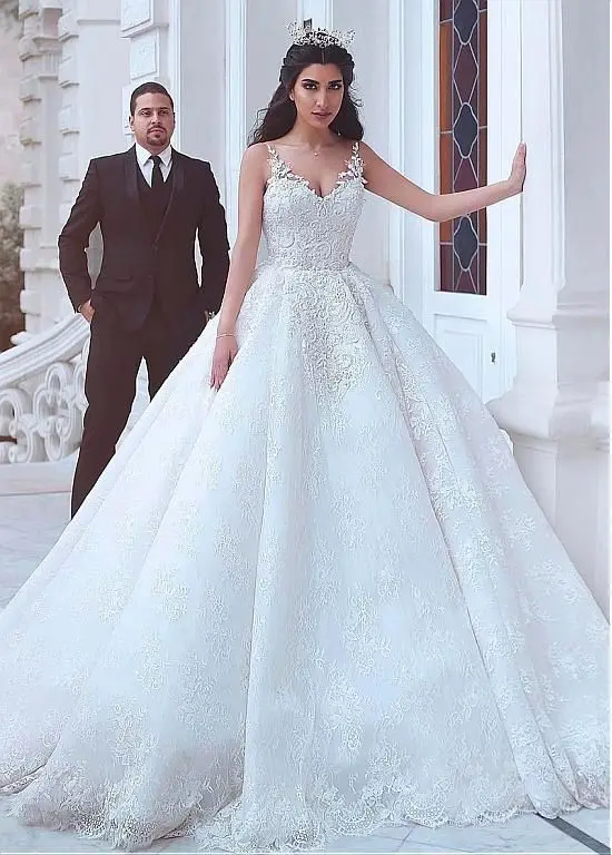 Robe de Mariée Musulmane en Dentelle, Tenue de Bal, Bretelles Spaghetti, Col en V, Dos à Lacets, pour Patients, Quelle que soit la Taille Plus, Dernière Collection 2021