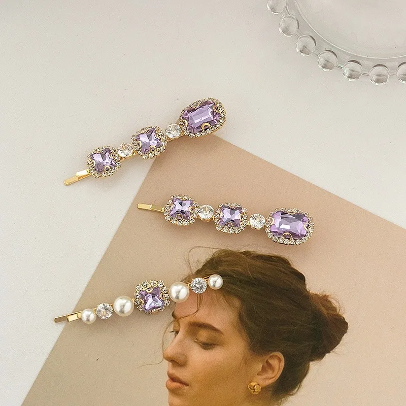 New Women Girls Luxury Purple Crystal Barrettes Sweet Hair Ornament Clips Elegant Hairpins Headband Fashion Hair Accessories