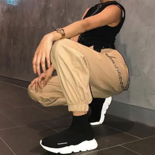 Women Plus Size Loose Cargo Pants Casual High Waist Pants Woman Loose Solid Black Khaki Trousers Pockets Elastic Waist Bottoms